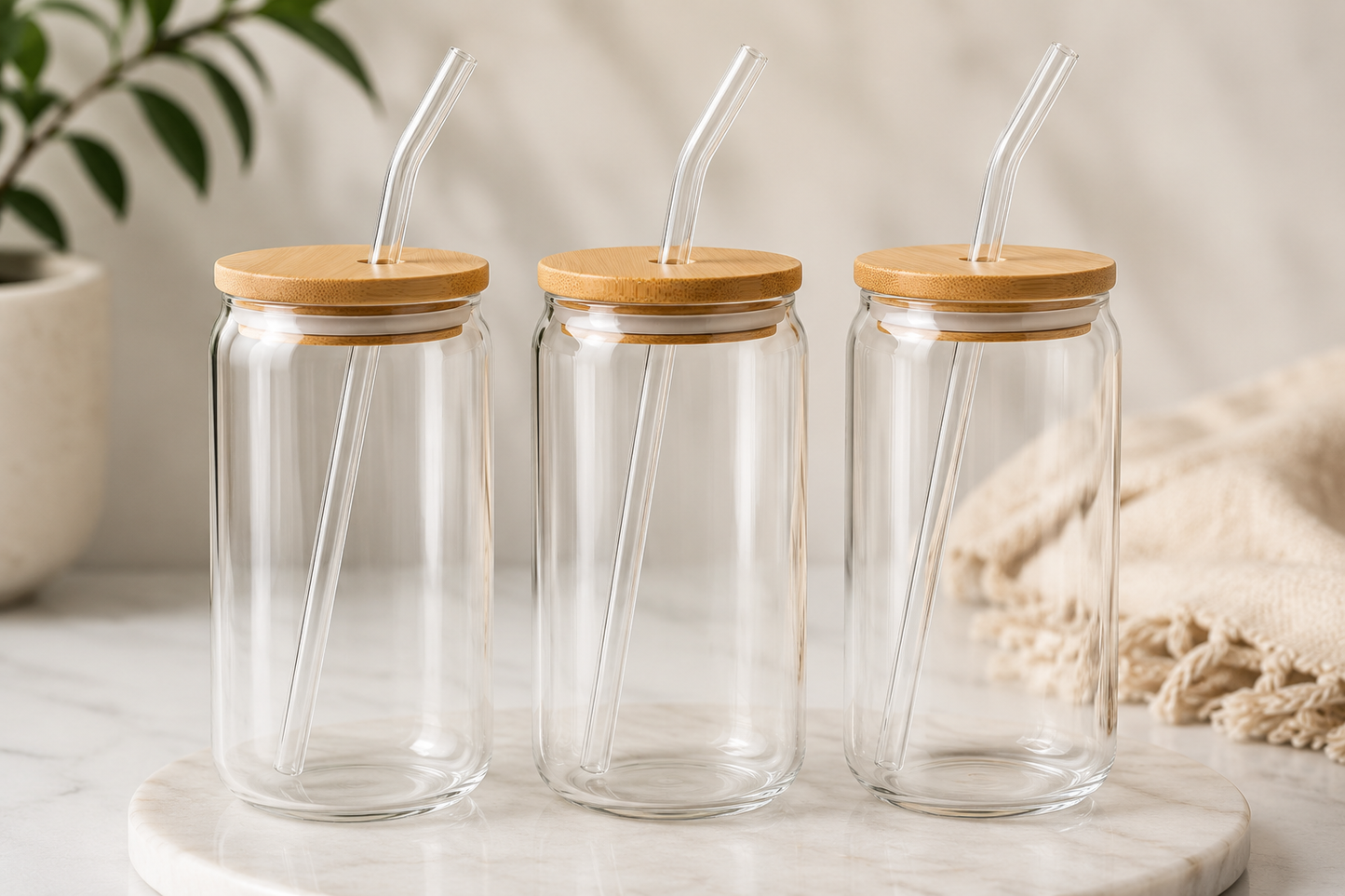 Custom Glass cups w/ Bamboo lid and Glass straw